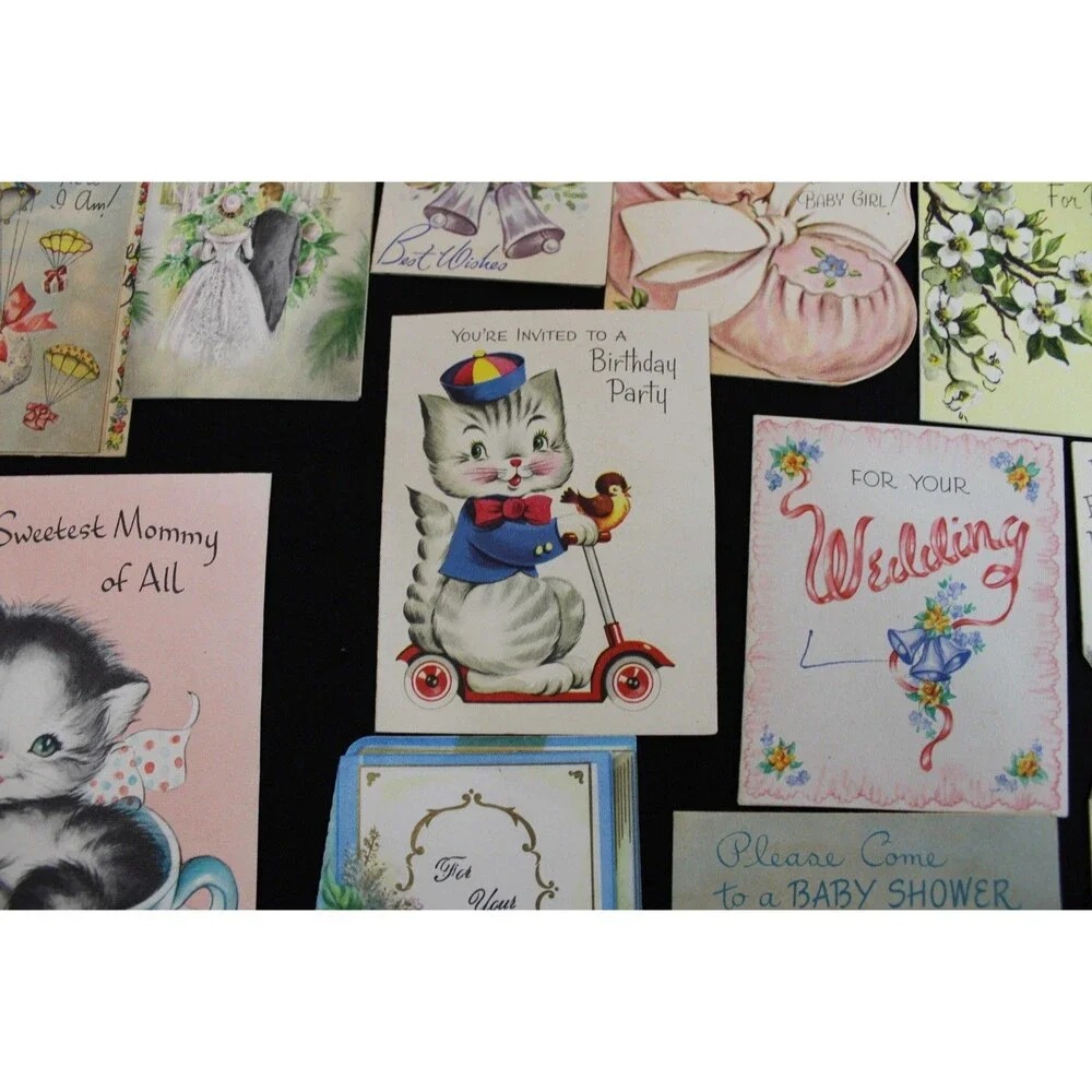 Lot 72 Vtg Baby Shower & New Baby Greeting Cards 1950s Graphics Glitter USA